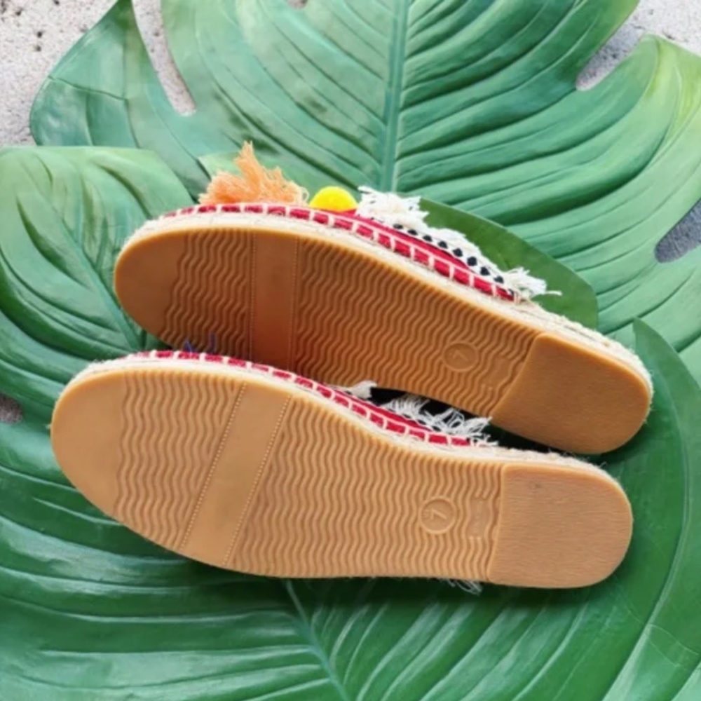 Red Mule Slip On Shoes with Pom Poms and Tassels - Picture 4 of 4